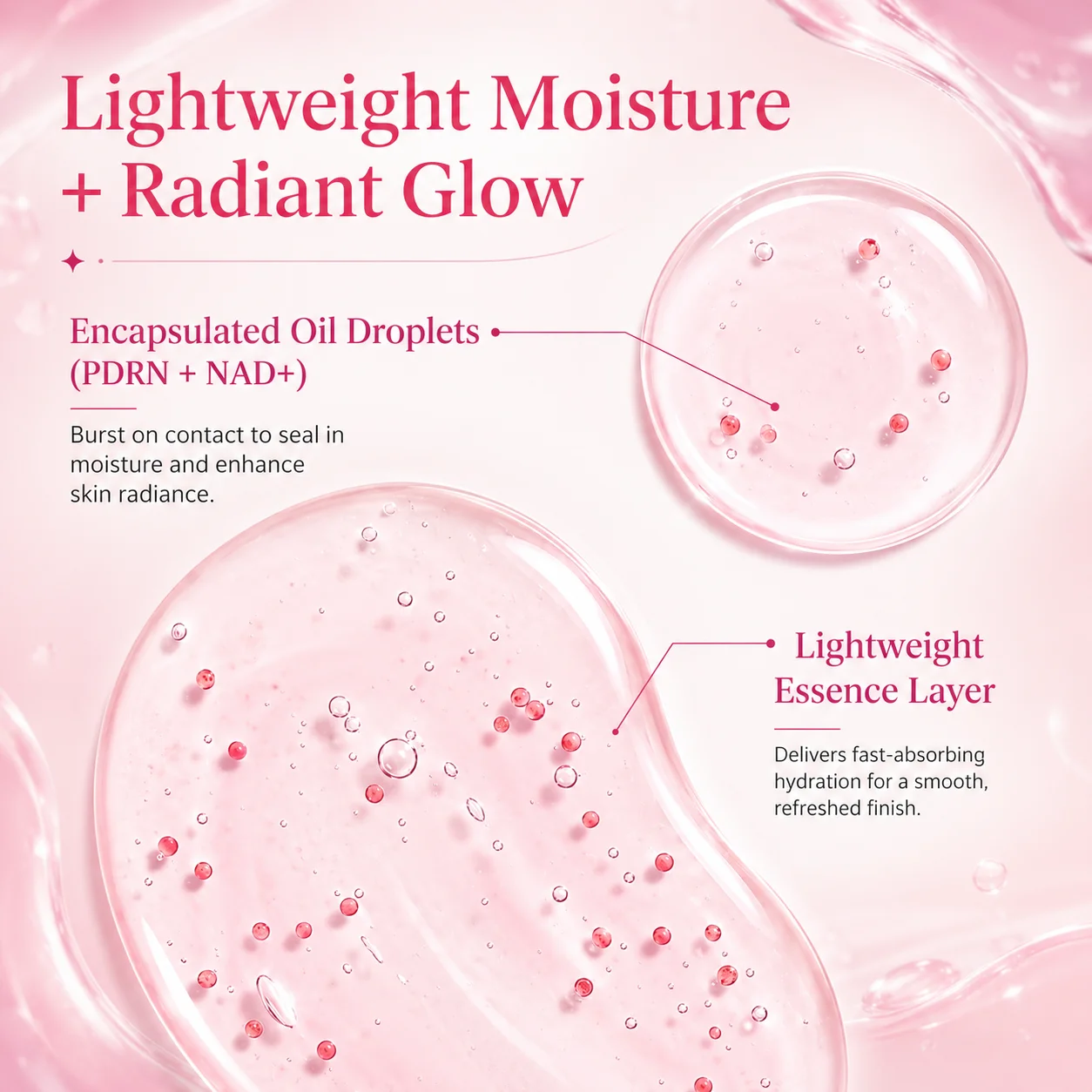 Close-up of a pink moisturizing essence with encapsulated oil droplets, showing its lightweight texture and benefits for radiant skin.